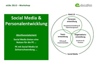 eLBa 2012 - Workshop




   Social Media &
Personalentwicklung

        Abschlussstatement
      Social Media bieten eine
        Nutzen für die PE ...
       PE mit Social Media ist
       Zeitverschwendung ...
 