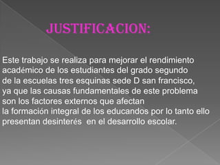 JUSTIFICACION:

Este trabajo se realiza para mejorar el rendimiento
académico de los estudiantes del grado segundo
de la escuelas tres esquinas sede D san francisco,
ya que las causas fundamentales de este problema
son los factores externos que afectan
la formación integral de los educandos por lo tanto ello
presentan desinterés en el desarrollo escolar.
 