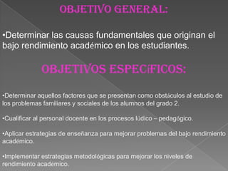 Objetivo general:

•Determinar las causas fundamentales que originan el
bajo rendimiento académico en los estudiantes.

              Objetivos específicos:
•Determinar aquellos factores que se presentan como obstáculos al estudio de
los problemas familiares y sociales de los alumnos del grado 2.

•Cualificar al personal docente en los procesos lúdico – pedagógico.

•Aplicar estrategias de enseñanza para mejorar problemas del bajo rendimiento
académico.

•Implementar estrategias metodológicas para mejorar los niveles de
rendimiento académico.
 