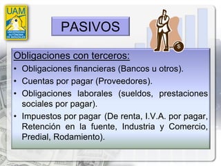 PASIVOS

Obligaciones con terceros:
• Obligaciones financieras (Bancos u otros).
• Cuentas por pagar (Proveedores).
• Obligaciones laborales (sueldos, prestaciones
  sociales por pagar).
• Impuestos por pagar (De renta, I.V.A. por pagar,
  Retención en la fuente, Industria y Comercio,
  Predial, Rodamiento).
 