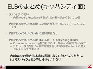 ELBのまとめ(キャパシティ面)
• スパイクに弱い
– 内部NodeでAutoScaleするが、数+秒~数分くらいかかる
• 内部NodeのAutoScaleした動きがわかりにくい(モニタしに
くい)
• 内部NodeのAutoScaleに追加課金なし
• 内部NodeのAutoScaleはあるが、AutoHealingは微妙
– Cross zone balancing有効化ならば、最小node数を2台へ保つ
– ただし、ELB内部ノードに障害発生しAWSサポートへ入れ替え
をしてもらった事あり
内部Nodeの動きは本来は意識しなくて良いもの。ただし、
ELBでスパイクと戦う時はそうもいかない
 