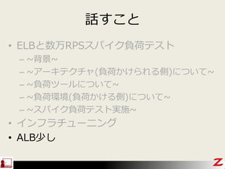 話すこと
• ELBと数万RPSスパイク負荷テスト
– ~背景~
– ~アーキテクチャ(負荷かけられる側)について~
– ~負荷ツールについて~
– ~負荷環境(負荷かける側)について~
– ~スパイク負荷テスト実施~
• インフラチューニング
• ALB少し
 