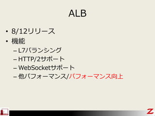 ALB
• 8/12リリース
• 機能
– L7バランシング
– HTTP/2サポート
– WebSocketサポート
– 他パフォーマンス/パフォーマンス向上
 