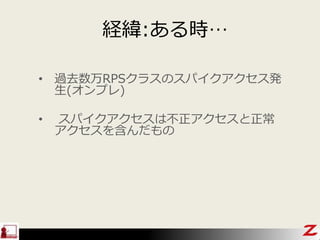 経緯:ある時…
• 過去数万RPSクラスのスパイクアクセス発
生(オンプレ)
• スパイクアクセスは不正アクセスと正常
アクセスを含んだもの
 