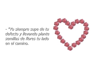 - ”Yo siempre supe de tu defecto y llevando plante semillas de flores tu lado en el camino. 