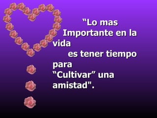 “ Lo mas  Importante en la vida  es tener tiempo para  “ Cultivar” una amistad". 