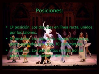 Posiciones:

• 1ª posición. Los dos pies en línea recta, unidos
  por los talones.
• 2ª posición: Los pies en la misma línea recta,
  pero separados por unos 30 centímetros
• 3ª posición: Los pies juntos unidos por su
  parte media uno delante del otro.
 