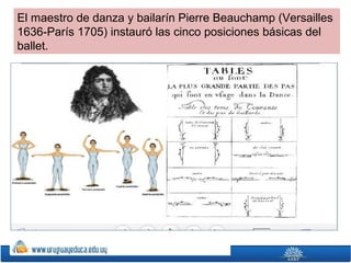 El maestro de danza y bailarín Pierre Beauchamp (Versailles
1636-París 1705) instauró las cinco posiciones básicas del
ballet.

 