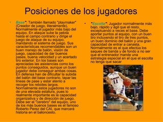 Posiciones de los jugadores Base " : También llamado "playmaker" (Creador de juego, literalmente). Normalmente el jugador más bajo del equipo. En ataque sube la pelota hasta el campo contrario y dirige el juego de ataque de su equipo, mandando el sistema de juego. Sus características recomendables son un buen manejo de balón, visión de juego, capacidad de dar buenos pases, buena velocidad y un acertado tiro exterior. En los bases son apreciadas las asistencias como los puntos conseguidos, aunque un buen jugador debe conseguir ambas cosas. En defensa han de dificultar la subida del balón del base contrario, tapar las líneas de pase y estar atento a recoger los rebotes largos. Normalmente estos jugadores no son de una elevada estatura, pues lo realmente importante es la capacidad organizativa y de dirección de juego. Debe ser el "cerebro" del equipo, uno de los más buenos bases es el famoso Roberto Perez del CAI, que marcará historia en el baloncesto.  " Escolta " : Jugador normalmente más bajo, rápido y ágil que el resto, exceptuando a veces el base. Debe aportar puntos al equipo, con un buen tiro incluyendo el tiro de tres puntos, un buen dominio del balón y una gran capacidad de entrar a canasta. Normalmente es el que efectúa los saques de banda y de fondo a no ser que el entrenador mande una estrategia especial en el que el escolta no tenga que sacar  