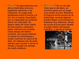 " Alero " : Es generalmente una altura intermedia entre los jugadores interiores y los exteriores. Su juego está equilibrado entre la fuerza y el tiro. Es un puesto importante, por su capacidad de combinar altura con velocidad. En ataque debe ser buen tirador de tres puntos y asimismo saber culminar una entrada hasta debajo del tablero contrario, son piezas básicas en lanzar el contraataque y suelen culminar la mayoría de ellos. En defensa han de estar atentos para ayudar a cerrar el rebote y recoger los rebotes de media distancia  " Ala-Pívot " : Es un rol más físico que el del alero, en muchos casos con un juego muy similar al pívot. Mantiene la mayoría de los puntos en el poste bajo, aunque algunos pueden llegar a convertirse en tiradores muy efectivos. Sirven de ayuda al pívot para impedir el juego interior del equipo contrario, y cierran el rebote  