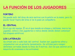 LA FUNCIÓN DE LOS JUGADORES
PORTERO
No puede salir del área de seis metros con la pelota en la mano, pero la
puede tocar f...