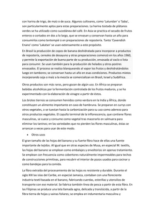 con harina de trigo, de maíz o de yuca. Algunos cultivares, como 'Latundan' o 'Saba',
son particularmente aptos para estas preparaciones. La harina tostada de plátanos
verdes se ha utilizado como sucedánea del café. En Asia se practica el secado de frutos
enteros o cortados en dos a lo largo, que se envasan y conservan hasta un año para
consumirlos como tentempié o en preparaciones de repostería. Tanto 'Cavendish
Enano' como 'Lakatan' se usan extensamente a este propósito.
En Brasil la producción de copos de banana deshidratada para incorporar a productos
de repostería, cereales de desayuno y otras preparaciones comenzó en los años 1960,
y permite la exportación de buena parte de su producción, envasada al vacío o lista
para consumir. Se usan también para la producción de helados y otros postres
envasados. El proceso se realiza blanqueando al vapor los frutos y deshidratándolos
luego en tambores; se conservan hasta un año en esas condiciones. Productos mixtos
incorporando soja o maíz a la mezcla se comercializan en Brasil, Israel y Sudáfrica.

Otros productos son más raros, pero gozan de algún uso. En África se preparan
bebidas alcohólicas por la fermentación controlada de los frutos maduros, y se ha
experimentado con la elaboración de vinagre a partir de éstos.

Los brotes tiernos se consumen hervidos como verdura en la India y África, donde
constituyen un alimento importante en caso de hambruna. Se preparan en currys con
otros vegetales, o se tuestan hasta la carbonización para su uso como aderezo para
otros productos vegetales. El capullo terminal de la inflorescencia, que contiene flores
masculinas, se cuece y consume como vegetal tras macerarlo en salmuera para
eliminar los taninos; en las variedades que no pierden las flores masculinas, éstas se
arrancan a veces para usar de este modo.
   •   Otros usos
El gran tamaño de las hojas del banano y su fuerte fibra hace de ellas una fuente
importante de tejidos. Al igual que en otras especies de Musa, en especial M. textilis,
las hojas del banano se emplean como embalajes y envoltorios sin apenas tratamiento.
Se emplean con frecuencia como cobertores naturalmente impermeables para techos
de construcciones primitivas, para recubrir el interior de pozos usados para cocinar y
como bandejas para la comida.

La fibra extraída del procesamiento de las hojas es resistente y durable. Durante el
siglo XIX las islas del Caribe, en especial Jamaica, contaban con una floreciente
industria textil basada en el banano, fabricando cuerdas, esterillas y utensilios de
transporte con ese material. Se fabrica también línea de pesca a partir de esta fibra. En
las Filipinas se produce una tela llamada agna, delicada y translúcida, a partir de la
fibra tierna de hojas y vainas foliares; se emplea en indumentaria masculina y
 