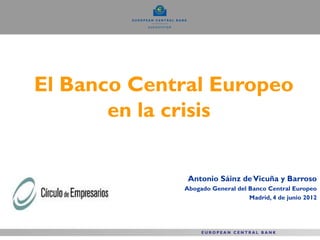 El Banco Central Europeo
       en la crisis


              Antonio Sáinz de Vicuña y Barroso
             Abogado General del Banco Central Europeo
                                 Madrid, 4 de junio 2012
 