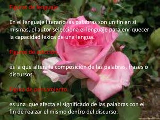 Figuras de lenguaje.

En el lenguaje literario las palabras son un fin en sí
mismas, el autor selecciona el lenguaje para enriquecer
la capacidad léxica de una lengua.

Figuras de adicción.

es la que altera la composición de las palabras, frases o
discursos.

Figura de pensamiento.

es una que afecta el significado de las palabras con el
fin de realzar el mismo dentro del discurso.
 