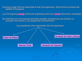 Durante el siglo XVIII se desarrolla el Arte Churrigueresco. Este termino proviene del
   apellido Churriguera.

Los Churriguera          familia de arquitectos barrocos         Decoración recargada

Se entendían por churriguerescas todas aquellas arquitecturas que poseían un
   marcado movimiento y una abigarrada ornamentación

               Los arquitectos más importantes del churrigueresco




                                                           Fernando de Casa y Novoa
Pedro de Ribera


                  Narciso Tomé             Leonardo de Figueroa
 