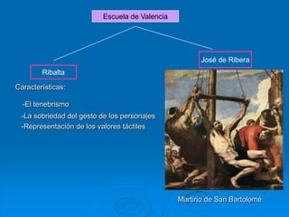 Escuela de Valencia




                                                     José de Ribera
        Ribalta

Características:

  -El tenebrismo
 -La sobriedad del gesto de los personajes
 -Representación de los valores táctiles




                                               Martirio de San Bartolomé
 