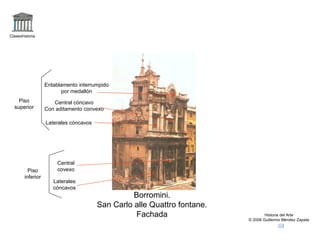 Claseshistoria




                   Entablamento interrumpido
                         por medallón
    Piso              Central cóncavo
  superior         Con aditamento convexo

                   Laterales cóncavos




                       Central
          Piso         covexo
        inferior
                      Laterales
                      cóncavos
                                                  Borromini.
                                        San Carlo alle Quattro fontane.
                                                  Fachada                         Historia del Arte
                                                                          © 2006 Guillermo Méndez Zapata
 