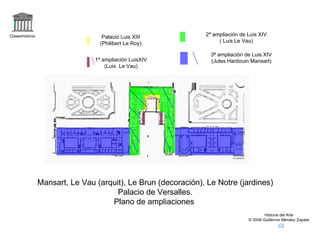 Claseshistoria                      Palacio Luis XIII           2ª ampliación de Luis XIV
                                   (Philibert Le Roy)                ( Luis Le Vau)

                                                                  3ª ampliación de Luis XIV
                                 1ª ampliación LuisXIV            (Jules Hardouin Mansart)
                                     (Luis Le Vau)




                 Mansart, Le Vau (arquit), Le Brun (decoración), Le Notre (jardines)
                                       Palacio de Versalles.
                                     Plano de ampliaciones
                                                                                         Historia del Arte
                                                                                 © 2006 Guillermo Méndez Zapata
 