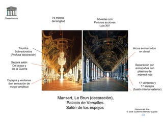 Claseshistoria               75 metros                Bóvedas con
                             de longitud            Pinturas acciones
                                                         Luis XIV




            Triunfos                                                          Arcos enmarcados
         Sobredorados                                                             en dintel
      (Profusa decoración)

      Separa salón
       De la paz y                                                              Separación por
      de la Guerra                                                              entrepaños con
                                                                                 pilastras de
                                                                                 mármol rojo

  Espejos y ventanas
   dan sensación de                                                                17 ventanas y
    mayor amplitud                                                                   17 espejos
                                                                              (fusión interior-exterior)


                                 Mansart, Le Brun (decoración),
                                     Palacio de Versalles.
                                    Salón de los espejos                        Historia del Arte
                                                                        © 2006 Guillermo Méndez Zapata
 