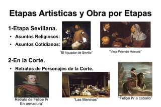 Etapas Artisticas y Obra por EtapasEtapas Artisticas y Obra por Etapas
1-Etapa Sevillana.
● Asuntos Religiosos:
● Asuntos Cotidianos:
2-En la Corte.
● Retratos de Personajes de la Corte.
“El Aguador de Sevilla” “Vieja Friendo Huevos”
“
Retrato de Felipe IV
En armadura”
“Las Meninas” “Felipe IV a caballo”
 