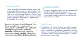 El perro del hortelano
Diana, la Condesa de Belflor, se siente atraída por
su secretario, Teodoro, pero no quiere ceder a sus
sentimientos amorosos porque éste pertenece a una
clase social inferior. Diana desdeña a Teodoro pero
no soporta que éste pueda tener relaciones con otra
mujer. Finalmente, convencerán a la joven de la
autenticidad de su amor.
Las obras de mayor éxito de Lope de Vega
fueron aquellas cuyos argumentos
abordaron las costumbres y los ambientes
de la época y plantearon conflictos
amorosos. También las que partían de
sucesos del pasado histórico o legendario,
y planteaban conflictos de honor y honra.
El caballero de Olmedo
Escenifica la historia de don Alonso, enamorado de
Inés, dama de Medina. El protagonista es
asesinado en el camino de Medina a Olmedo por
varios caballeros a las órdenes de don Rodrigo, al
que le mueven los celos.
Fuente Ovejuna
Los habitantes de Fuente Ovejuna se rebelan contra el
Comendador y le dan muerte. Cuando el juez somete a
tortura a los villanos para saber el nombre del asesino,
todos responden que fue Fuente Ovejuna quien lo mató.
El tema del amor y el conflicto entre nobleza y pueblo
son abordados en esta obra.
 