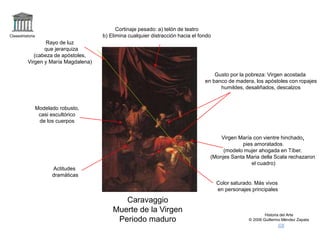 Claseshistoria
Historia del Arte
© 2006 Guillermo Méndez Zapata
Caravaggio
Muerte de la Virgen
Periodo maduro
Virgen María con vientre hinchado,
pies amoratados.
(modelo mujer ahogada en Tíber.
(Monjes Santa Maria della Scala rechazaron
el cuadro)
Cortinaje pesado: a) telón de teatro
b) Elimina cualquier distracción hacia el fondo
,
Rayo de luz
que jerarquiza
(cabeza de apóstoles,
Virgen y María Magdalena)
Color saturado. Más vivos
en personajes principales
Actitudes
dramáticas
Modelado robusto,
casi escultórico
de los cuerpos
Gusto por la pobreza: Virgen acostada
en banco de madera, los apóstoles con ropajes
humildes, desaliñados, descalzos
 