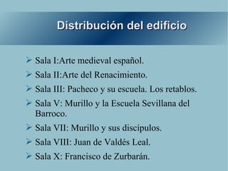 Distribución del edificio

➢ Sala I:Arte medieval español.
➢ Sala II:Arte del Renacimiento.
➢ Sala III: Pacheco y su escuela. Los retablos.
➢ Sala V: Murillo y la Escuela Sevillana del
  Barroco.
➢ Sala VII: Murillo y sus discípulos.
➢ Sala VIII: Juan de Valdés Leal.
➢ Sala X: Francisco de Zurbarán.
 