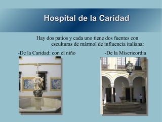 Hospital de la Caridad

        Hay dos patios y cada uno tiene dos fuentes con
              esculturas de mármol de influencia italiana:
-De la Caridad: con el niño            -De la Misericordia
 