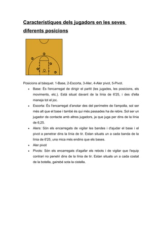 Característiques dels jugadors en les seves
diferents posicions




Posicions al bàsquet. 1-Base, 2-Escorta, 3-Aler, 4-Aler pivot, 5-Pivot.
   •   Base: És l'encarregat de dirigir el partit (les jugades, les posicions, els
       moviments, etc.). Està situat davant de la línia de 6'25, i des d'ella
       maneja tot el joc.
   •   Escorta: És l'encarregat d'anotar des del perímetre de l'ampolla, sol ser
       més alt que el base i també és qui més passades ha de rebre. Sol ser un
       jugador de contacte amb altres jugadors, ja que juga per dins de la línia
       de 6,25.
   •   Alers: Són els encarregats de vigilar les bandes i d'ajudar el base i el
       pivot a penetrar dins la línia de tir. Estan situats un a cada banda de la
       línia de 6'25, una mica més endins que els bases.
   •   Aler pivot
   •   Pivots: Són els encarregats d'agafar els rebots i de vigilar que l'equip
       contrari no penetri dins de la línia de tir. Estan situats un a cada costat
       de la botella, gairebé sota la cistella.
 