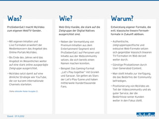 Was?                                  Wie?                                  Warum?
ProSiebenSat.1 macht MyVideo          Web-Only-Kanäle, die stark auf die    Entwicklung eigener Formate, die
zum eigenen WebTV-Sender.             Zielgruppe der Digital Natives        evtl. klassische lineare Fernseh-
                                      ausgerichtet sind.                    formate in Zukunft ablösen.

— Mit eigenen Inhalten und            — Neben der Vermarktung von           — Authentische,
  Live-Formaten erweitert der           Premium-Inhalten aus dem              zielgruppenspezifische und
  Medienkonzern das Angebot des         Entertainment-Segment wird            exklusive Web-Formate setzen
  Online-Portals MyVideo.               ProSiebenSat.1 auf Personen und       sich gegenüber klassisch linearen
                                        Inhalte aus der Webcommunity          TV-Formaten im Web derzeit
— Bis Ende des Jahres wird das
                                        setzen, die sich bereits einen        weiter durch.
  Angebot im Wesentlichen weiter
                                        Namen machen konnten.
  auf eine stark online ausgeprägte                                         — Günstige Produktionen durch
  Zielgruppe ausgerichtet.            — Beispiel: Das Gaming-Format           User-Generated-Content.
                                        „Let‘s Play together“ mit Gronkh
— MyVideo setzt damit auf eine                                              — Man stellt Inhalte zur Verfügung,
                                        und Sarazar. Sie gelten als Stars
  ähnliche Strategie wie YouTube,                                             die das Bedürfnis der Community
                                        der Let's-Play-Szene und haben
  die vor kurzem internationale                                               befriedigen.
                                        mittlerweile Hunderttausende
  Channels starteten.
                                        Fans.                               — Positionierung von MyVideo als
                                                                              Teil der Videocommunity und als
 (Siehe elbdudler Radar Ausgabe 2).
                                                                              guter Service, der die
                                                                              Bedürfnisse seiner Kunden
                                                                              weiter in den Fokus stellt.




Stand: 08.11.2012
 