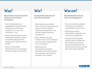 Was?                                Wie?                                  Warum?
Neue Funktion erlaubt das direkte   Verschachtelte Diskussion für         Neue Möglichkeiten für das
Antworten auf Facebook-             mehr Übersichtlichkeit                Community Management
Kommentare

— Unter Kommentaren auf             — Diese Antworten erscheinen          — Die neue Funktion ermöglicht
  ausgewählten Facebook-Seiten        direkt unter dem Kommentar und        eine bessere und direktere
  findet man nun neben dem            werden auf einem helleren             Kommunikation mit den Fans.
  „Gefällt mir“-Link auch ein         Hintergrund dargestellt um sie
                                                                          — Diskussionen werden
  „Antworten“-Link.                   von den übrigen Antworten
                                                                            übersichtlicher gegliedert und
                                      abzugrenzen.
— Nutzer können direkt auf einen                                            somit besser moderierbar.
  Kommentar antworten. Es kann      — Bisher befindet sich diese
                                                                          — Facebook testet angeblich
  also direkter Bezug auf eine        Funktion noch in einer Testphase,
                                                                            darüber hinaus, Kommentare
  Aussage oder Frage genommen         noch nicht allen Fanpages steht
                                                                            nach Relevanz zu sortieren.
  werden.                             sie zur Verfügung.
                                                                            Besonders beliebte oder viel
— Durch verschachtelte              — Allerdings ist die                    diskutierte Kommentare werden
  Kommentare ist es nun möglich,      Verschachtelung auf eine              dann weiter oben angezeigt.
  direkt auf Fragen zu antworten.     Unterebene beschränkt, weitere
                                      Verzweigungen der Diskussion
                                      sind daher nicht möglich.




Stand: 28.11.2012
 