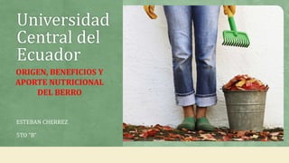 Universidad
Central del
Ecuador
ESTEBAN CHERREZ
5TO “B”
ORIGEN, BENEFICIOS Y
APORTE NUTRICIONAL
DEL BERRO
 