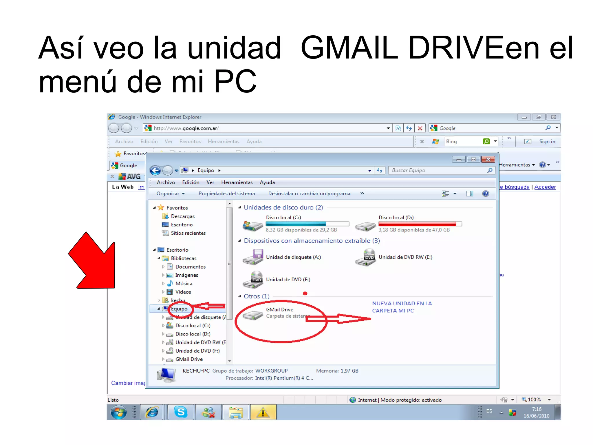 Así veo la unidad  GMAIL DRIVEen el menú de mi PC 