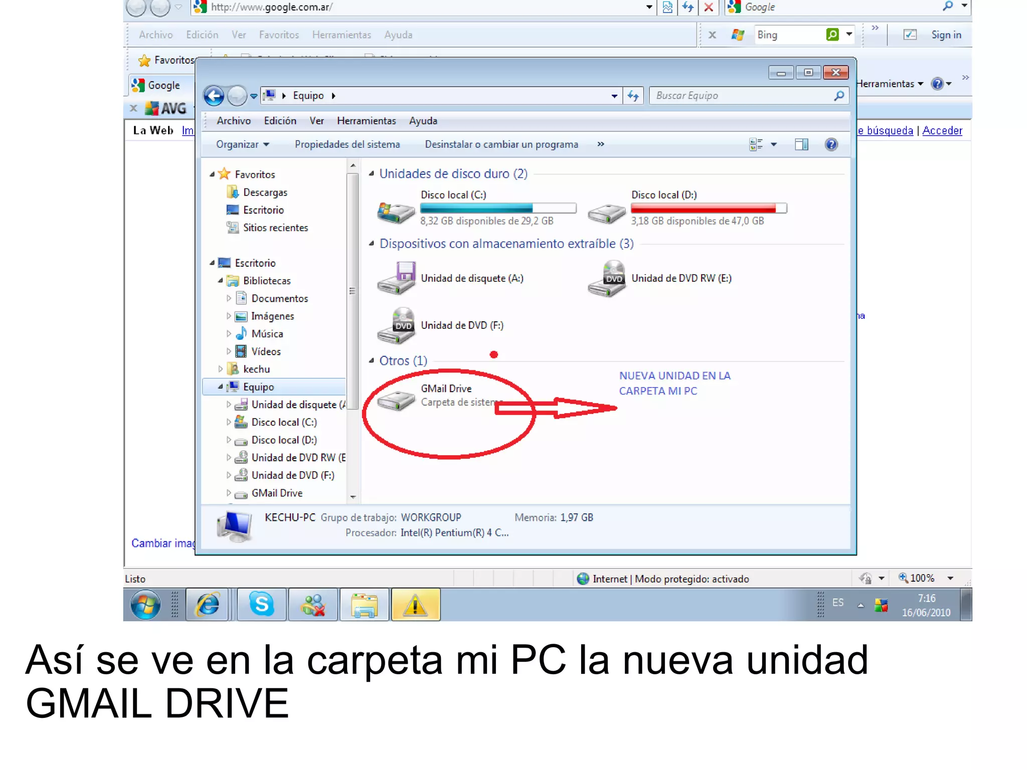 Así se ve en la carpeta mi PC la nueva unidad     GMAIL DRIVE 