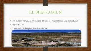 EL BIEN COMUN 
• En cambio pertenece y beneficia a todos los miembros de una comunidad 
• EJEMPLOS 
• La escuela , le hospital, la comisaria, etc. 
 