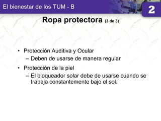 Ropa protectora (3 de 3)
• Protección Auditiva y Ocular
– Deben de usarse de manera regular
• Protección de la piel
– El bloqueador solar debe de usarse cuando se
trabaja constantemente bajo el sol.
 