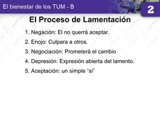 El Proceso de Lamentación
1. Negación: El no querrá aceptar.
2. Enojo: Culpara a otros.
3. Negociación: Prometerá el cambio
4. Depresión: Expresión abierta del lamento.
5. Aceptación: un simple “si”
 