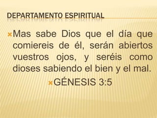 GÉNESIS 2:16,17Departamento espiritualMas sabe Dios que el día que comiereis de él, serán abiertos vuestros ojos, y seréis como dioses sabiendo el bien y el mal.GÉNESIS 3:5