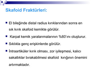 Skafoid Fraktürleri:

   El bileğinde distal radius kırıklarından sonra en
    sık kırık skafoid kemikte görülür.
   Karpal kemik yaralanmalarının %60’ını oluşturur.
   Sıklıkla genç erişkinlerde görülür.
   İntraartiküler kırık olması, zor iyileşmesi, kalıcı
    sakatlıklar bırakabilmesi skafoid kırığının önemini

    artırmaktadır.
 