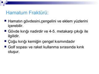 Hamatum Fraktürü:
   Hamatın gövdesini,çengelini ve eklem yüzlerini
    içerebilir.
   Gövde kırığı nadirdir ve 4-5. metakarp çıkığı ile
    ilgilidir.
   Çoğu kırığı kemiğin çengel kısmındadır
   Golf sopası ve raket kullanma sırasında kırık
    oluşur.
 