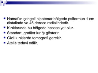    Hamat’ın çengeli hipotenar bölgede psiformun 1 cm
    distalinde ve 45 derece radialindedir.
   Kırıklarında bu bölgede hassasiyet olur.
   Standart grafiler kırığı gösterir.
   Gizli kırıklarda tomografi gerekir.
   Atelle tedavi edilir.
 