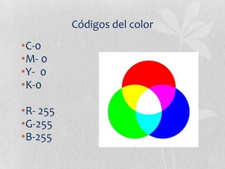Códigos del color
•C-0
•M- 0
•Y- 0
•K-0

•R- 255
•G-255
•B-255
 