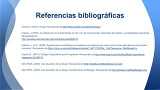 Referencias bibliográficas
Anónimo. (2015). Xanga. Recuperado de http://www.ecured.cu/index.php/Xanga
Cabero, J. (2007). La interacción en el aprendizaje en red. Uso de herramientas, elementos de análisis, y posibilidades educativas.
Recuperado de
http://revistas.uned.es/index.php/ried/article/view/995/912
Cabero, J. et al. (2009). Experiencias universitarias innovadoras con blogs para la mejora de la praxis educativa en el contexto
educativo. Recuperado de https://idus.us.es/xmlui/bitstream/handle/11441/17362/file_1.pdf?sequence=1&isAllowed=y
Castro, R. (2014). 5 Blogs Corporativos que te inspirarán. Recuperado de http://www.augure.com/es/blog/blogs-corporativos-
inspiracion-20140710
EDUTEKA. (2009). Uso educativo de los blogs. Recuperado de http://eduteka.org/BlogsEducacion.php
EDUTEKA. (2009). Uso educativo de los blogs. Características de Blogger. Recuperado de http://eduteka.org/BlogsBlogger.php
 