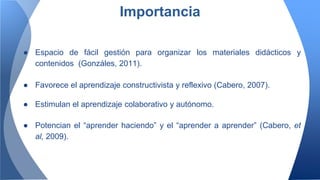 Importancia
● Espacio de fácil gestión para organizar los materiales didácticos y
contenidos (Gonzáles, 2011).
● Favorece el aprendizaje constructivista y reflexivo (Cabero, 2007).
● Estimulan el aprendizaje colaborativo y autónomo.
● Potencian el “aprender haciendo” y el “aprender a aprender” (Cabero, et
al, 2009).
 