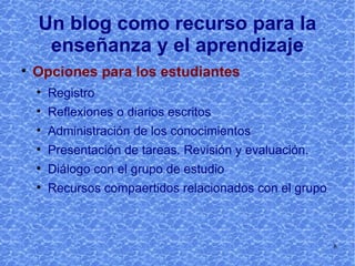 Un blog como recurso para la enseñanza y el aprendizaje Opciones para los estudiantes Registro Reflexiones o diarios escritos Administración de los conocimientos Presentación de tareas. Revisión y evaluación. Diálogo con el grupo de estudio Recursos compartidos relacionados con el grupo 
