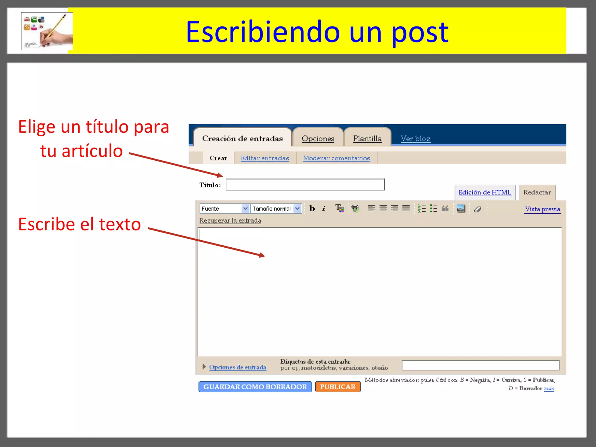 Escribiendo un post Elige un título para tu artículo Escribe el texto 