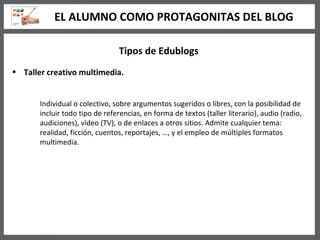 Tipos de Edublogs Taller creativo multimedia.   Individual o colectivo, sobre argumentos sugeridos o libres, con la posibilidad de incluir todo tipo de referencias, en forma de textos (taller literario), audio (radio, audiciones), vídeo (TV), o de enlaces a otros sitios. Admite cualquier tema: realidad, ficción, cuentos, reportajes, …, y el empleo de múltiples formatos multimedia.  EL ALUMNO COMO PROTAGONITAS DEL BLOG 