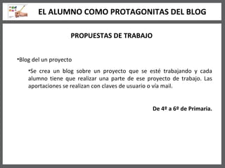 PROPUESTAS DE TRABAJO Blog del un proyecto Se crea un blog sobre un proyecto que se esté trabajando y cada alumno tiene que realizar una parte de ese proyecto de trabajo. Las aportaciones se realizan con claves de usuario o vía mail. De 4º a 6º de Primaria. EL ALUMNO COMO PROTAGONITAS DEL BLOG 