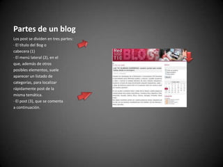 Partes de un blog
Los post se dividen en tres partes:
· El título del Bog o
cabecera (1)
· El menú lateral (2), en el
que, además de otros
posibles elementos, suele
aparecer un listado de
categorías, para localizar
rápidamente post de la
misma temática.
· El post (3), que se comenta
a continuación.

 