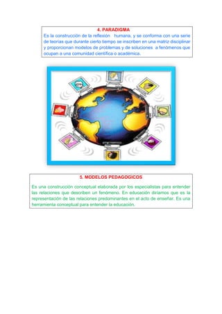 4. PARADIGMA
     Es la construcción de la reflexión humana, y se conforma con una serie
     de teorías que durante cierto tiempo se inscriben en una matriz disciplinar
     y proporcionan modelos de problemas y de soluciones a fenómenos que
     ocupan a una comunidad científica o académica.




                       5. MODELOS PEDAGOGICOS

Es una construcción conceptual elaborada por los especialistas para entender
las relaciones que describen un fenómeno. En educación diríamos que es la
representación de las relaciones predominantes en el acto de enseñar. Es una
herramienta conceptual para entender la educación.
 